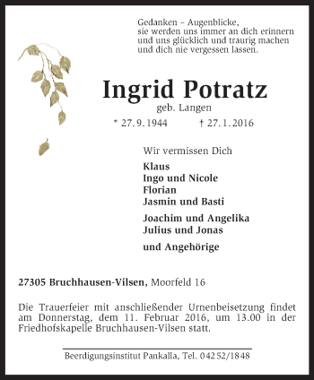 Traueranzeige von Ingrid Potratz von KRZ