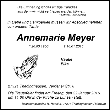 Traueranzeige von Annemarie Meyer von KRZ