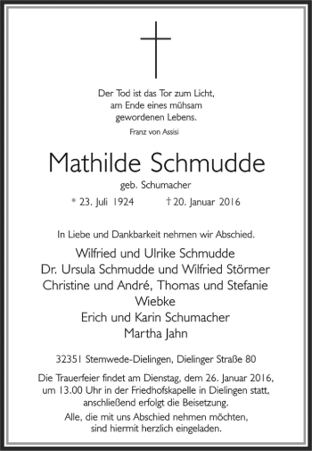 Traueranzeige von Mathilde Schmudde von KRZ