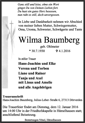 Traueranzeige von Wilma Baum-berg von KRZ