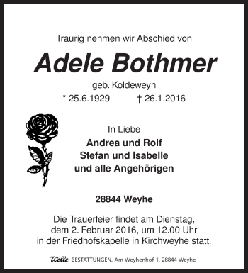 Traueranzeige von Adele Bothmer von KRZ