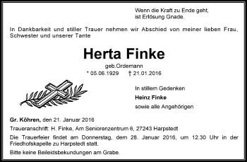 Traueranzeige von Herta Finke von KRZ