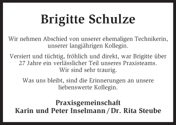 Traueranzeige von Brigitte Schulze von KRZ