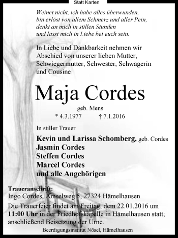 Traueranzeige von Maja Cordes von KRZ