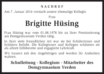 Traueranzeige von Brigitte Hüsing von KRZ