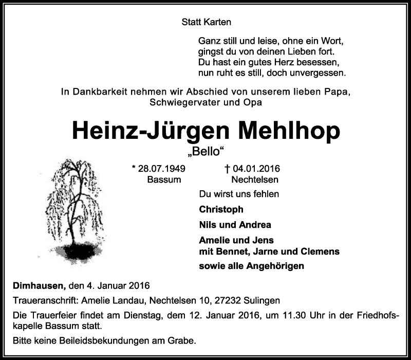  Traueranzeige für Heinz-Jürgen Mehlhop vom 07.01.2016 aus KRZ