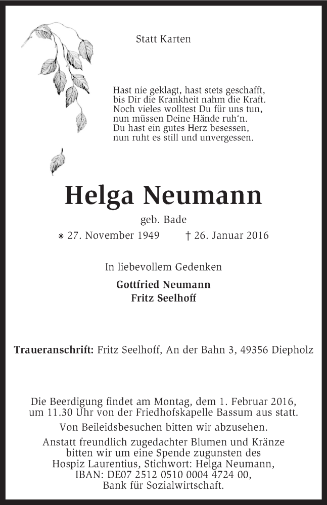  Traueranzeige für Helga Neumann vom 29.01.2016 aus KRZ