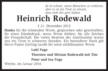 Traueranzeige von Heinrich Rodewald von KRZ