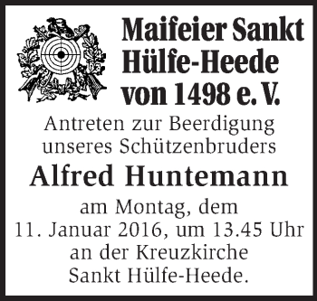 Traueranzeige von Alfred Huntemann von KRZ