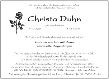 Traueranzeige von Christ Duhn von KRZ