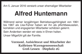 Traueranzeige von Alfred Huntemann von KRZ