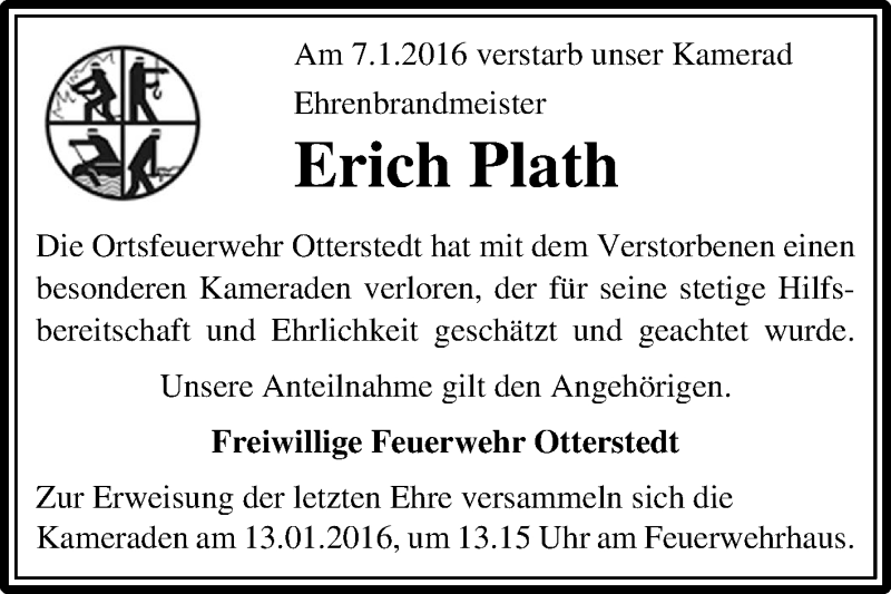  Traueranzeige für Erich Plath vom 11.01.2016 aus KRZ