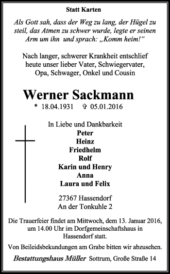 Traueranzeige von Werner Sackmann von KRZ