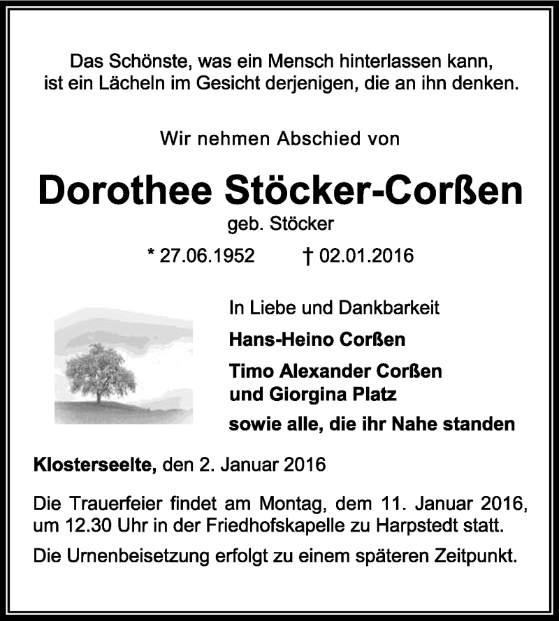 Traueranzeige für Dorothee Stöcker-Corßen vom 05.01.2016 aus KRZ