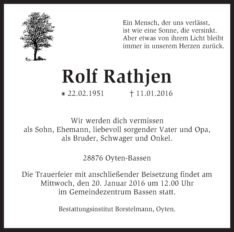  Traueranzeige für Rolf Rathjen vom 16.01.2016 aus KRZ