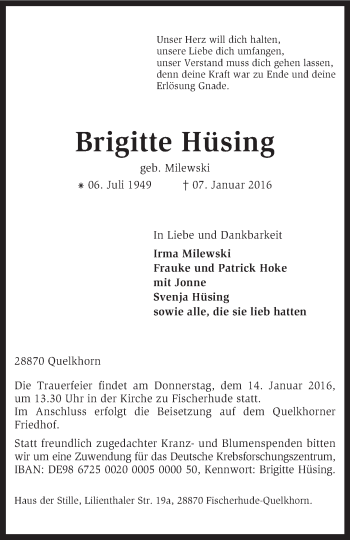 Traueranzeige von Brigitte Hüsing von KRZ