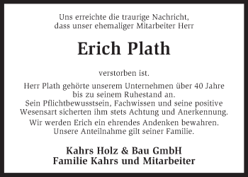 Traueranzeige von Erich Plath von KRZ