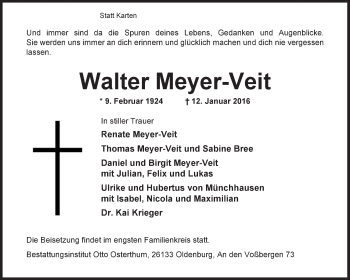 Traueranzeige von Walter Meyer-Veit von KRZ