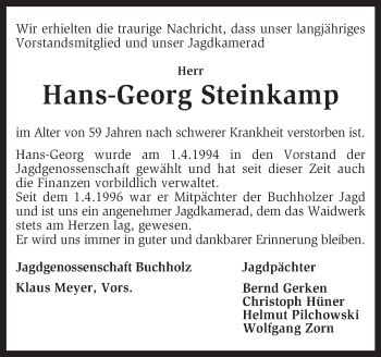 Traueranzeige von Hans-Georg Steinkamp von KRZ