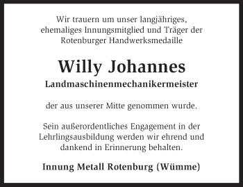 Traueranzeige von Willy Johannes von KRZ