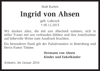 Traueranzeige von Ingrid von Ahsen von KRZ