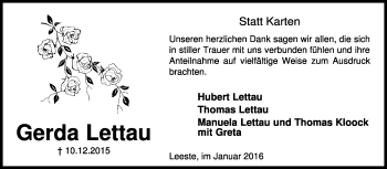 Traueranzeige von Gerda Lettau von KRZ