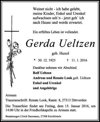 Traueranzeige von Gerda Ueltzen von KRZ