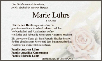 Traueranzeige von Marie Lührs von SYK