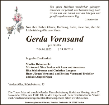 Traueranzeige von Gerda Vornsand von SYK