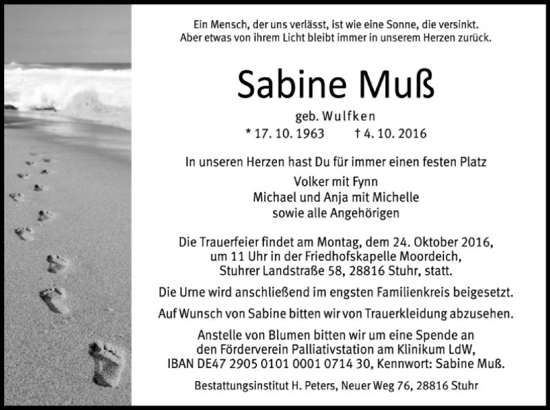  Traueranzeige für Sabine Muß vom 15.10.2016 aus SYK