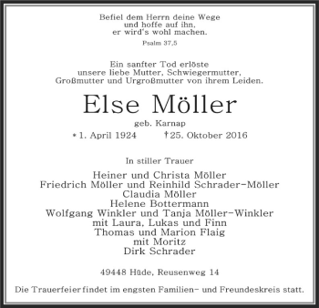 Traueranzeige von Else Möller von SYK