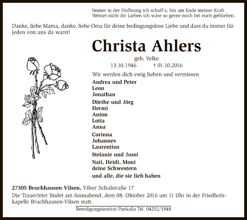  Traueranzeige für Christa Ahlers vom 06.10.2016 aus SYK