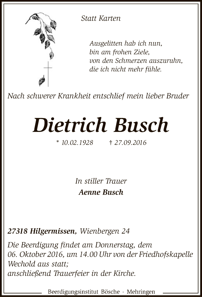  Traueranzeige für Dietrich Busch vom 01.10.2016 aus SYK