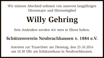 Traueranzeige von Willy Gehring von SYK