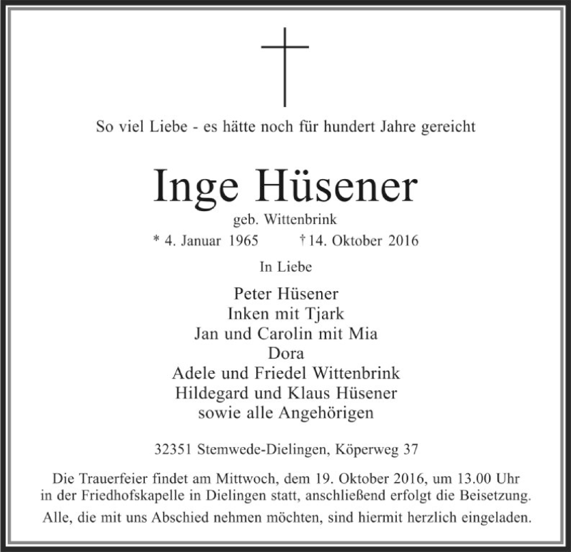  Traueranzeige für Inge Hüsener vom 17.10.2016 aus SYK