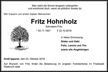 Traueranzeige von Fritz Hohnholz von SYK