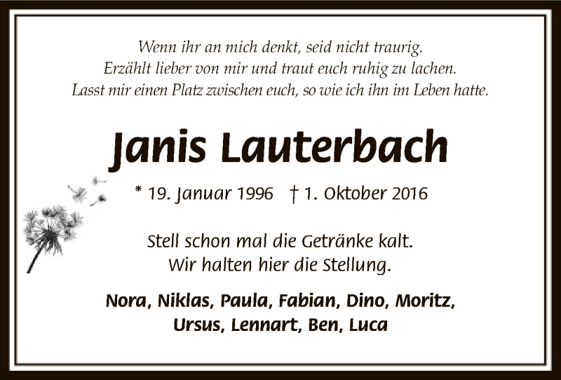  Traueranzeige für Janis Lauterbach vom 08.10.2016 aus SYK