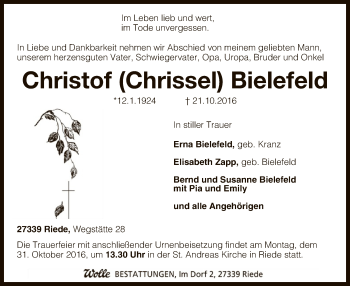 Traueranzeige von Christof Bielefeld von SYK