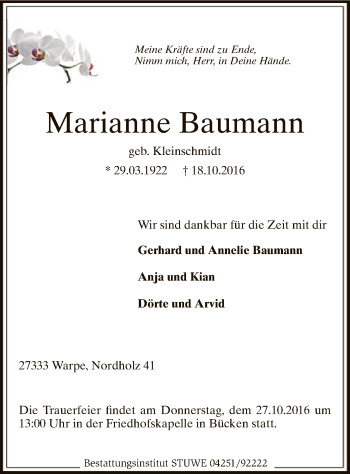 Traueranzeige von Marianne Baumann von SYK