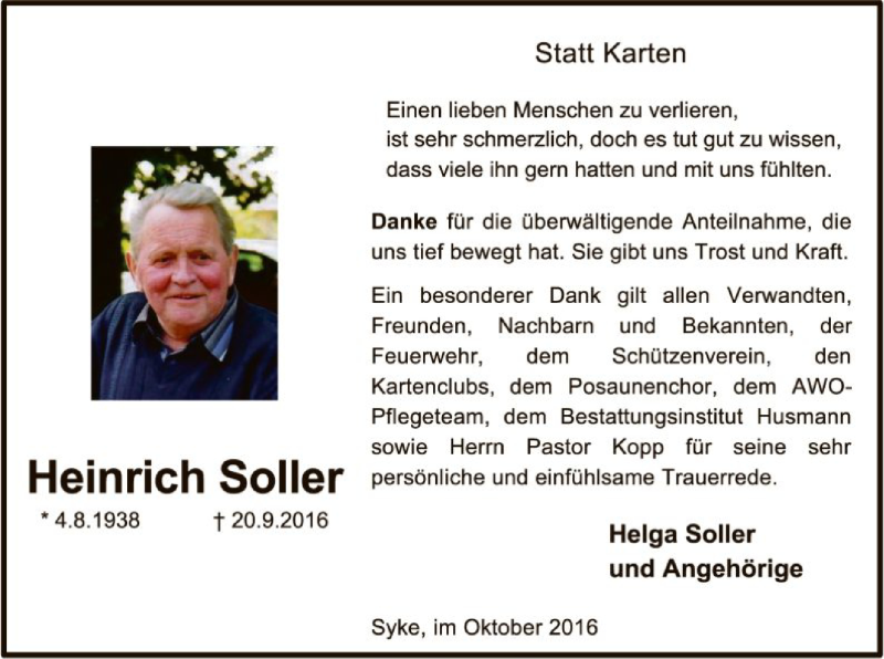  Traueranzeige für Heinrich Soller vom 22.10.2016 aus SYK