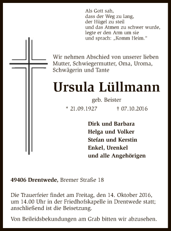 Traueranzeige von Ursula Lüllmann von SYK