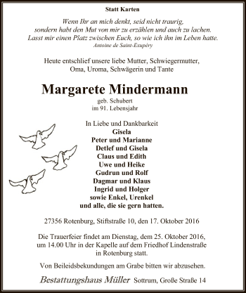 Traueranzeige von Margarete Mindermann von SYK