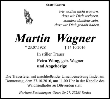 Traueranzeige von Martin Wagner von SYK