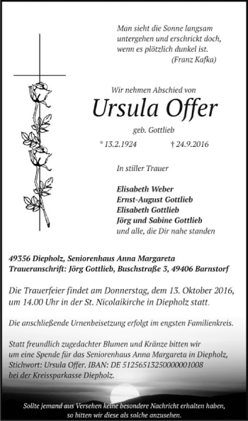 Traueranzeige von Ursula Offer von SYK