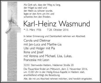 Traueranzeige von Karl-Heinz Wasmund von SYK