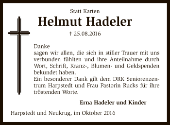 Traueranzeige von Helmut Hadeler von SYK