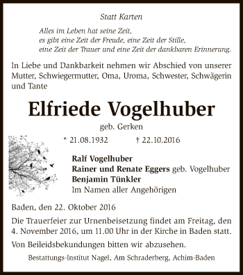 Traueranzeige von Elfriede Vogelhuber von SYK