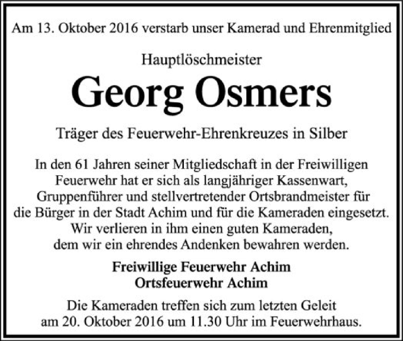 Traueranzeige für Georg Osmers vom 18.10.2016 aus SYK