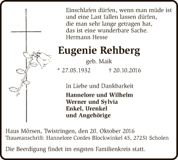 Traueranzeige von Eugenie Rehberg von SYK