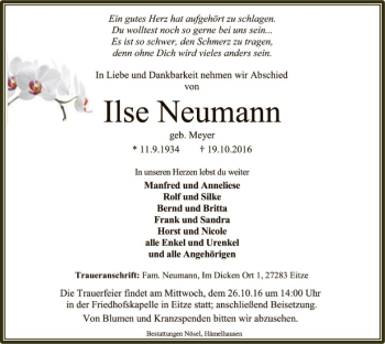 Traueranzeige von Ilse Neumann von SYK